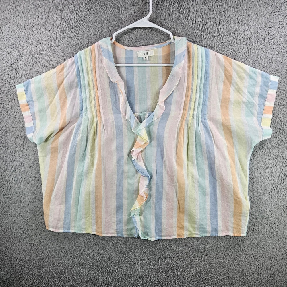 THML Womens Pastel Rainbow Stripe Ruffle V-Neck Cotton Blouse Small